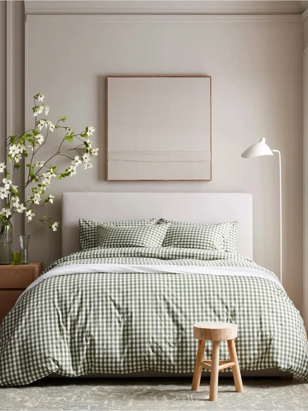 Quince Organic Cotton Percale Olive Gingham Duvet Cover Set in King/Cal King 873